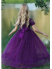 Short Sleeve Eggplant Lace Tulle Floor Length Flower Girl Dress